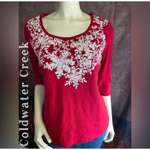 Coldwater Creek Womens Sz M Red & White Snowflakes top-Embroidered w/beads-NWOT